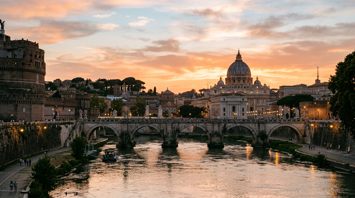 Panorama di Roma al tramonto con la cupola di San Pietro